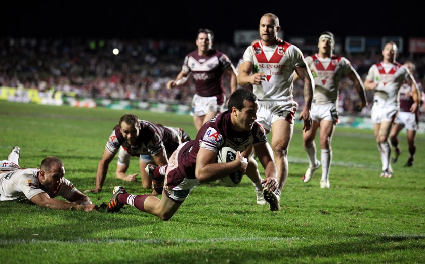 Manly winger Michael Oldfield bagged a hat-trick against the Dragons at Brookvale in 2012