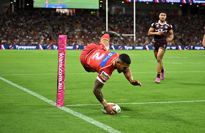 Isaako scores his third try of the season against the Broncos in Round 4