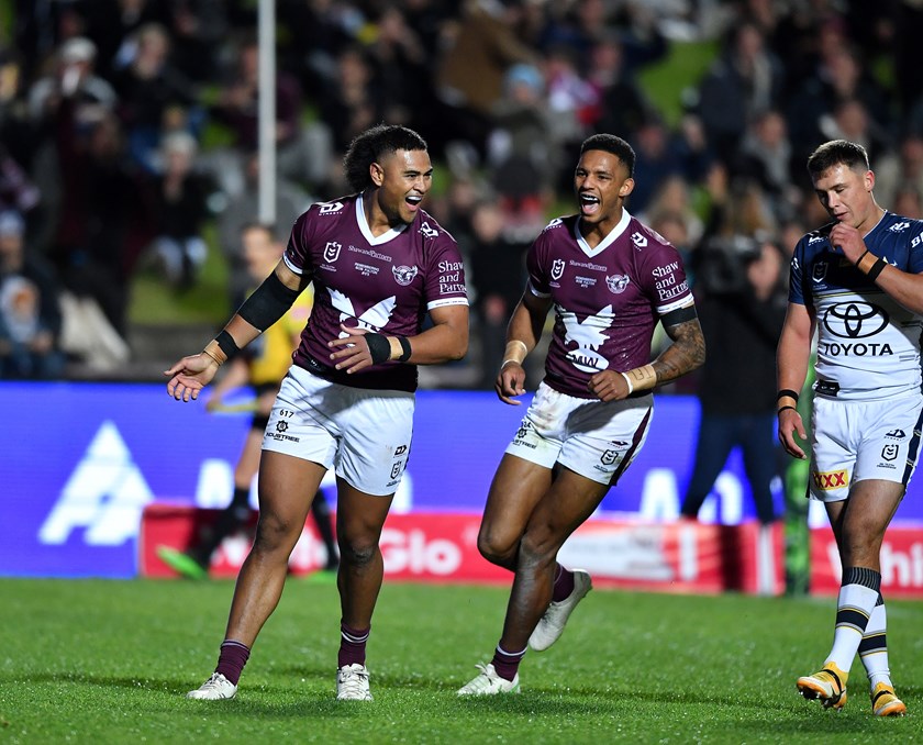 Haumole celebrates a double in the huge victory over the Cowboys at 4 Pines Park in 2021