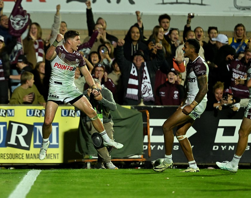 Reuben Garrick scored two tries against the Eels at 4 Pines Park in ANZAC Round on 26 April 2024