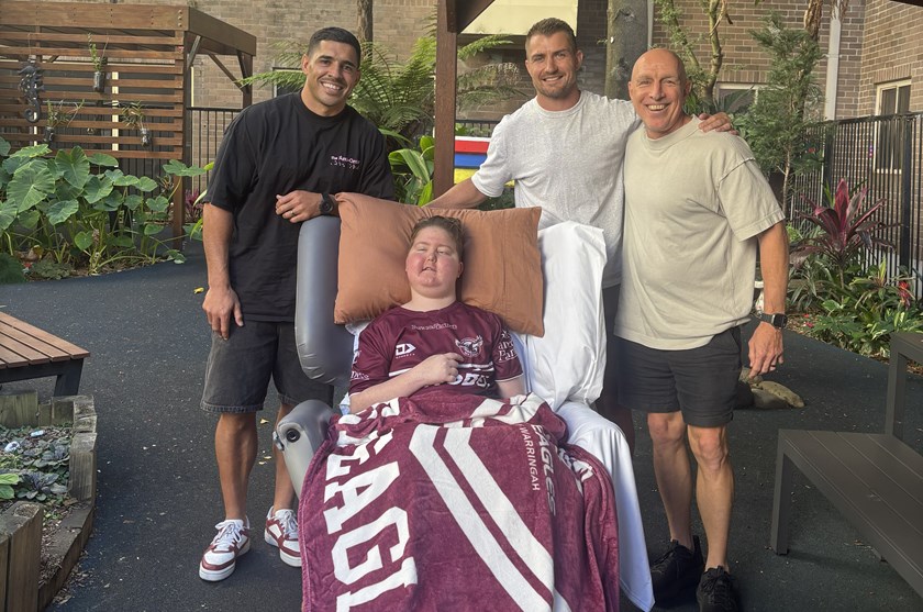 Kieran Foran, Jamal Fogarty and John Bonasera with Cam at John Hunter Hospital