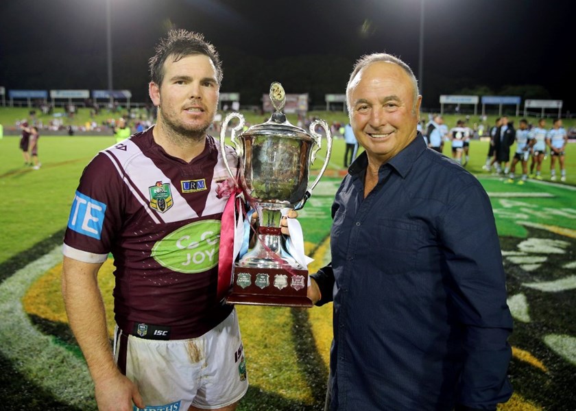 Max Krilich with Manly captain Jamie Lyon in 2016 after victory over the Sharks at Brookvale