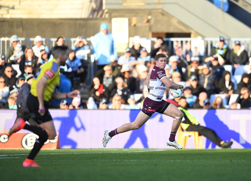 Reuben Garrick scored one of six tries in Manly's most victory against Cronulla in 2023
