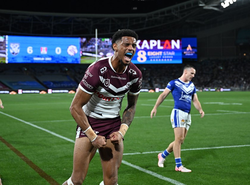 Saab celebrates after scoring against the Bulldogs at Accor Stadium in 2024
