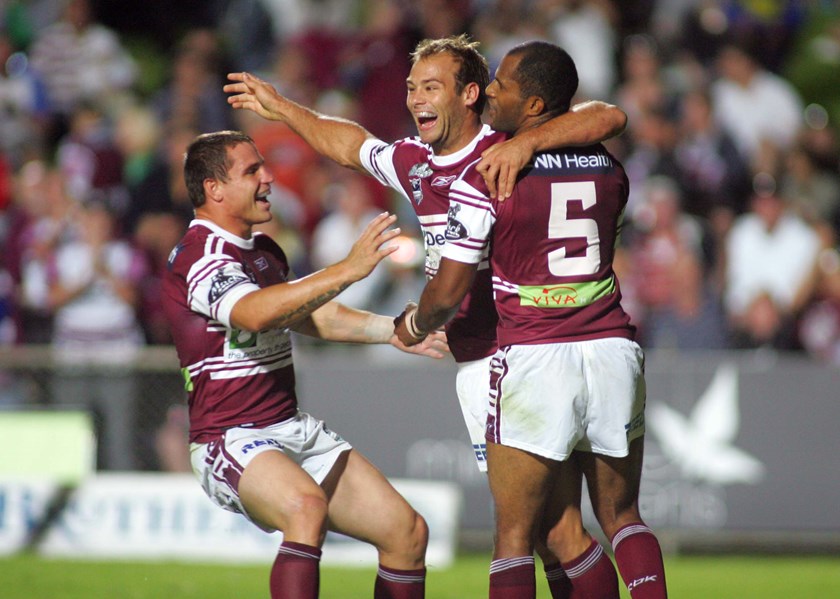 Brett celebrates a hat-trick against the Warriors in Round 3, 2008