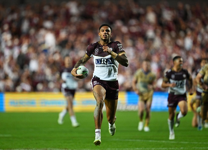 Saab races away to score against the Eels at 4 Pines Park in Round 8