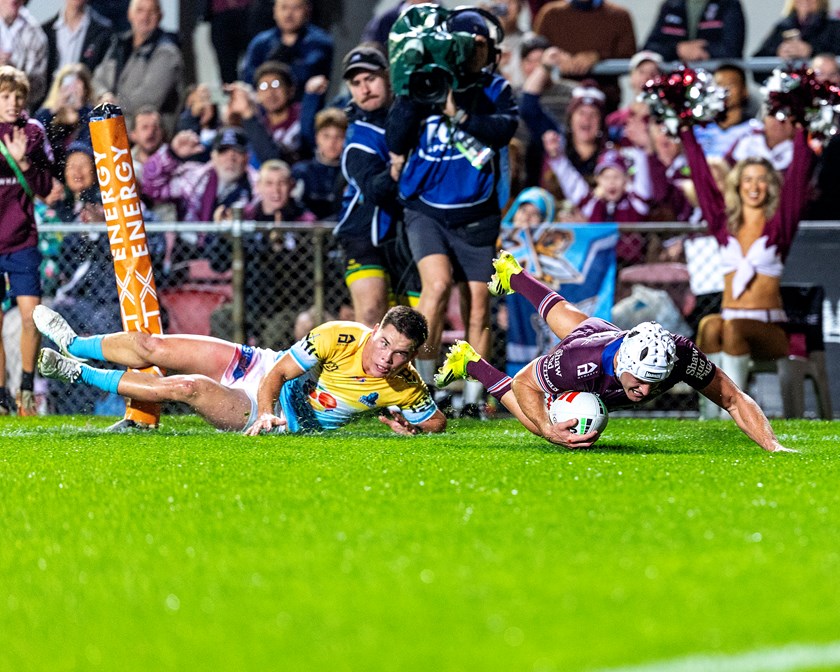 Blake Wilson scored his first try for Manly against the Titans at 4 Pines Park in Round 12