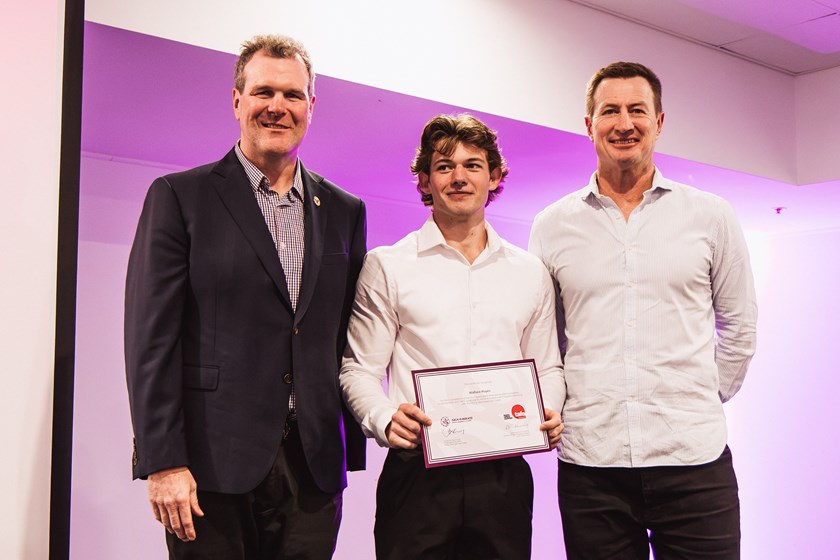 Student Wallace Hayes with Sea Eagles CEO Jason King and Manly legend Steve Menzies 