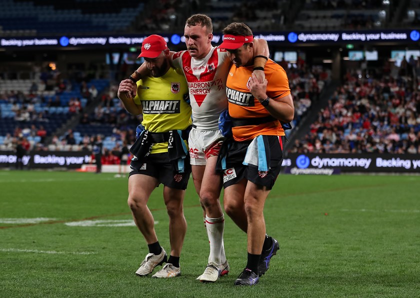 Jacob Liddle is carried off with a serious calf injury against the Bulldogs in Round 25