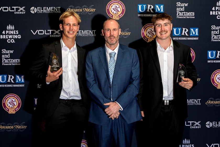 Charlie Boyle and Will Lane with Jersey Flegg Coach Chris Crotty