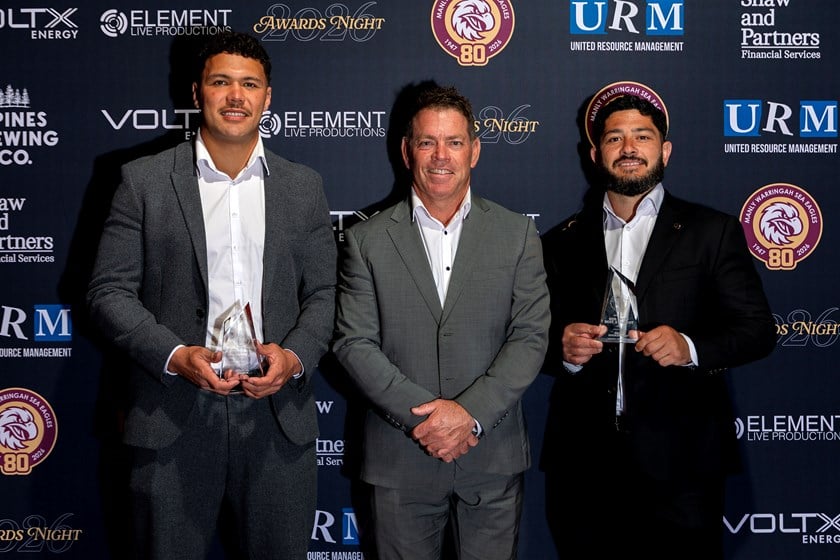 Jackson Shereb and Zach Dockar-Clay with NSW Cup Coach Brett Kimmorley