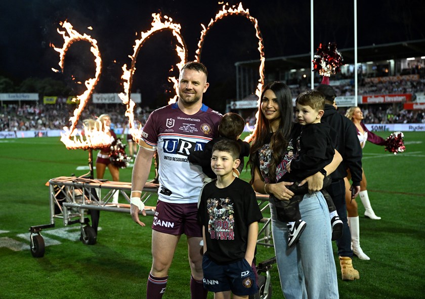 Browny celebrates his 200th NRL game with his family at 4 Pines Park
