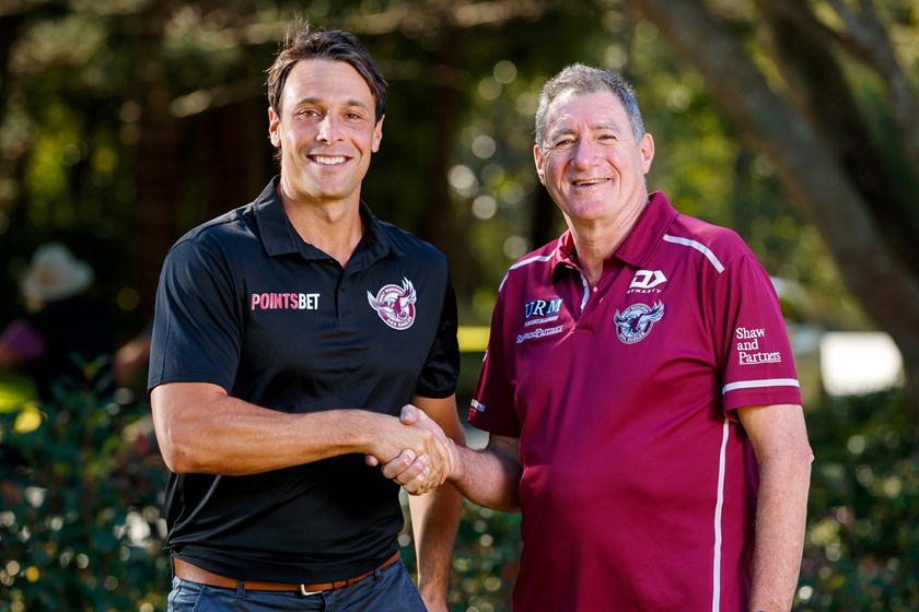 PointsBet Co-Founder & Chief Marketing Officer, Andrew Fahey, with Sea Eagles Director & Co-Owner, Gary Wolman at the team's Sunshine Coast Resort. Photo: J&A Photography.